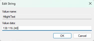 ウィンドウのテキストハイライトの色を変更する